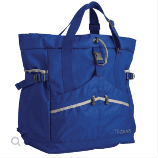 Side angle product display for eco friendly Lite Gear brand recycled polyester versatile 3-in-1 blue Gear Tote with reflective stitching and accent.  Bag is in open position.