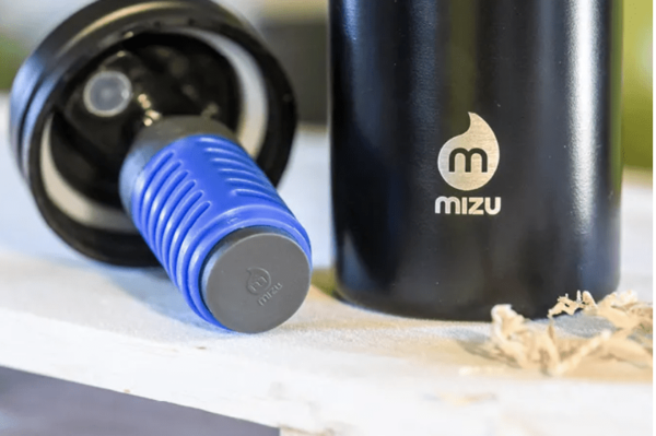 Mizu brand wide mouth stainless steel water bottle in black; comes with water purifier that filters out 99.999% of harmful contaminants