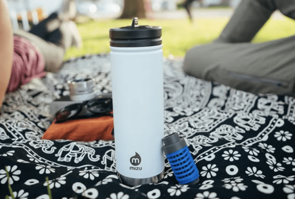 Mizu brand 360 water filter has a forty gallon lifespan and removes up to 99.9% of bacteria and contaminants; for use with wide mouth Mizu bottles with straw lid