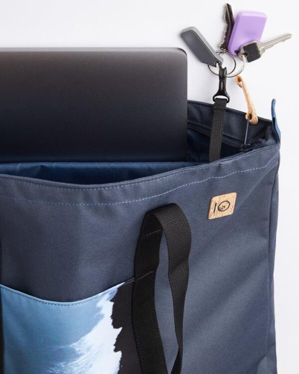 Close-up of the top of the daily tote bag, featuring a laptop sleeve and secure keychain clip