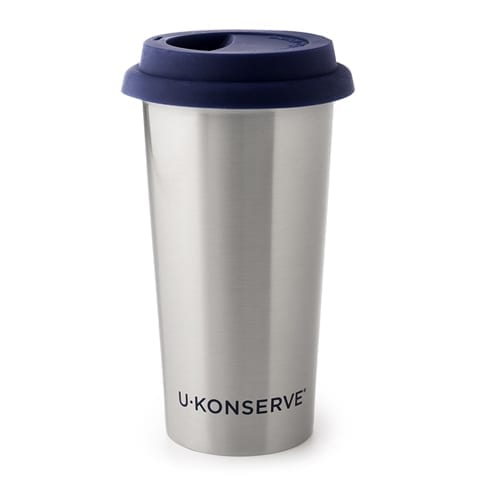 Reusable U-Konserve brand insulated stainless 16 ounce coffee cup with navy lid