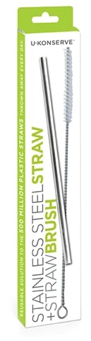 Reusable eco friendly straw cleaning brush made by U-Konserve brand in white and green packaging.