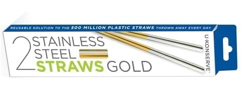 Reusable plastic free stainless steel drinking straws with gold accent in white and blue packaging made by U-Konserve brand.  Sold in two pack.