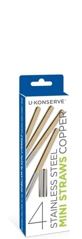 Eco friendly stainless steel mini straws in blue and white packaging sold as a four pack, made by U-Konserve brand.