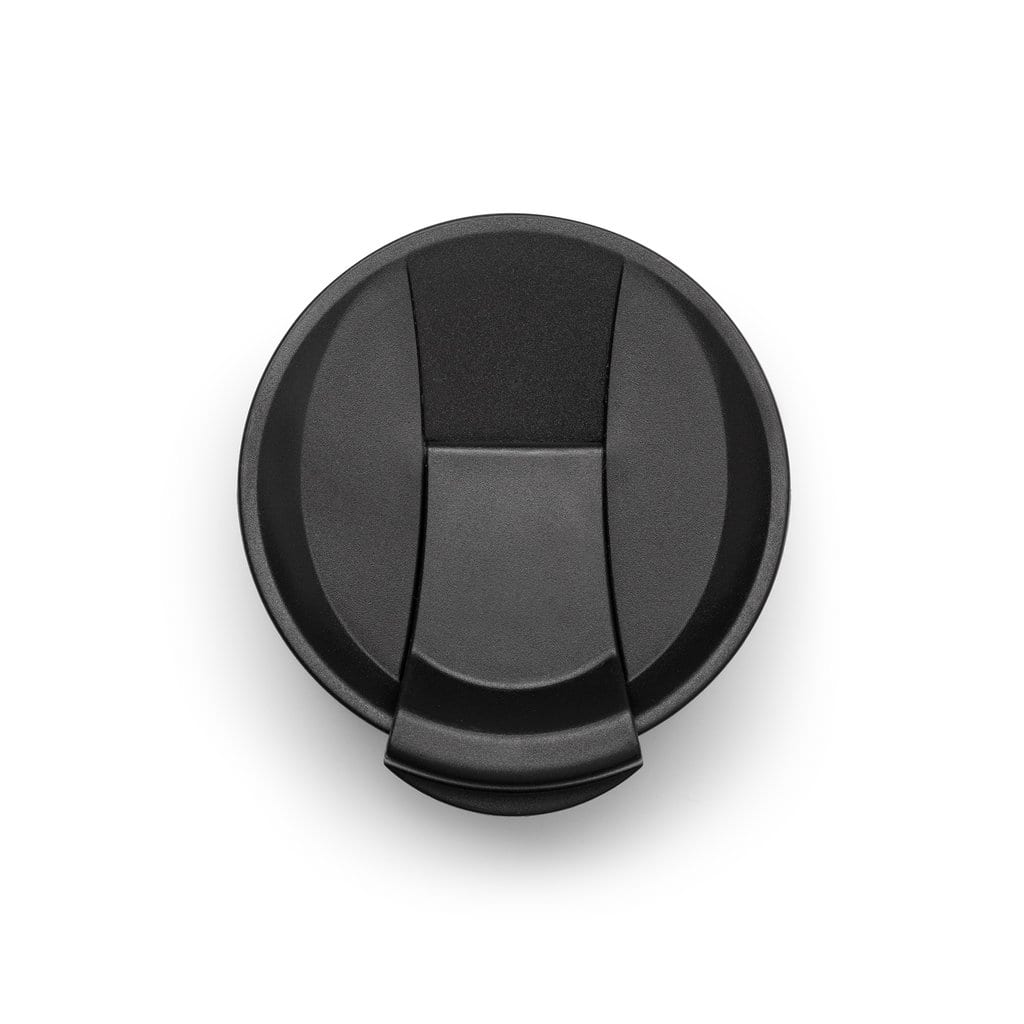 WELLY-ORIGINALMUG-12OZ-BLACK-4 Overhead view of insulated leak proof black flip cap in closed position that fits both Welly brand Original 12 ounce mug and Traveler Bottle.