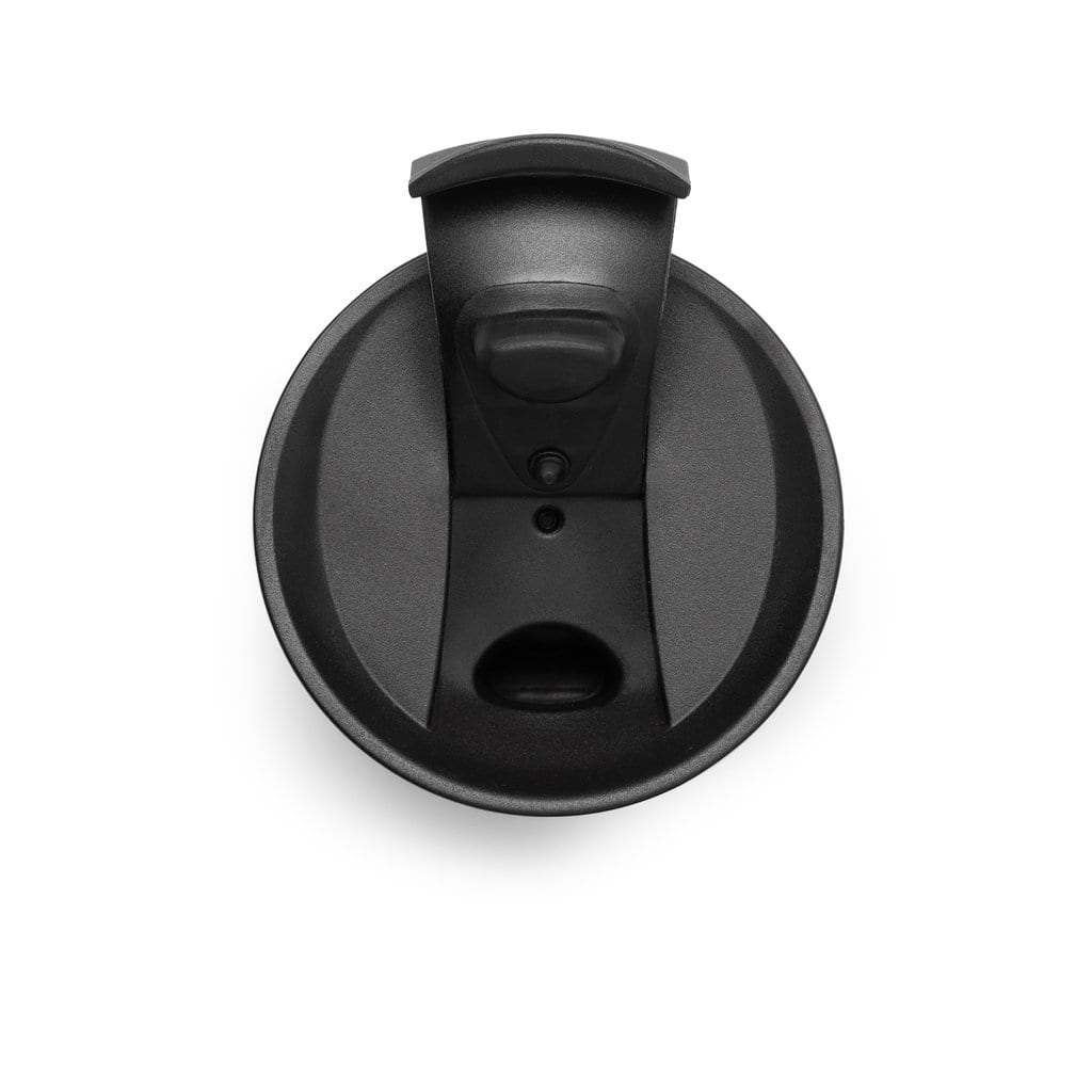 WELLY-ORIGINALMUG-12OZ-BLACK-3 Overhead view of insulated leak proof black flip cap in open position that fits both Welly brand Original 12 ounce mug and Traveler Bottle.