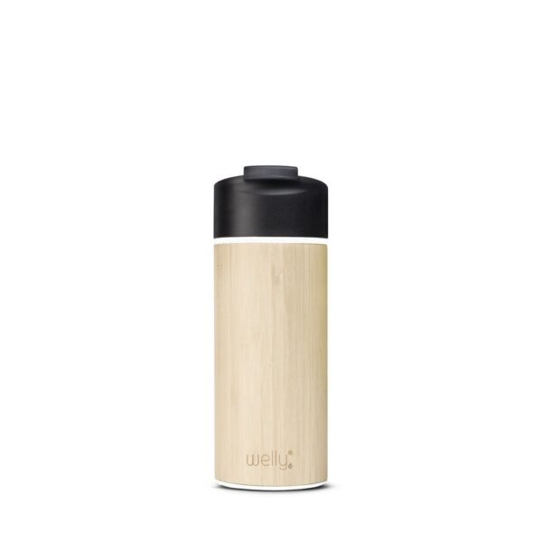 Reusable eco friendly Welly brand Original 12 oz black colored mug made from bamboo and stainless steel.