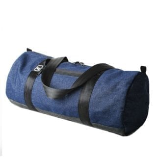 Alchemy Goods small blue duffel bag made from overrun denim and upcycled innter tubes.