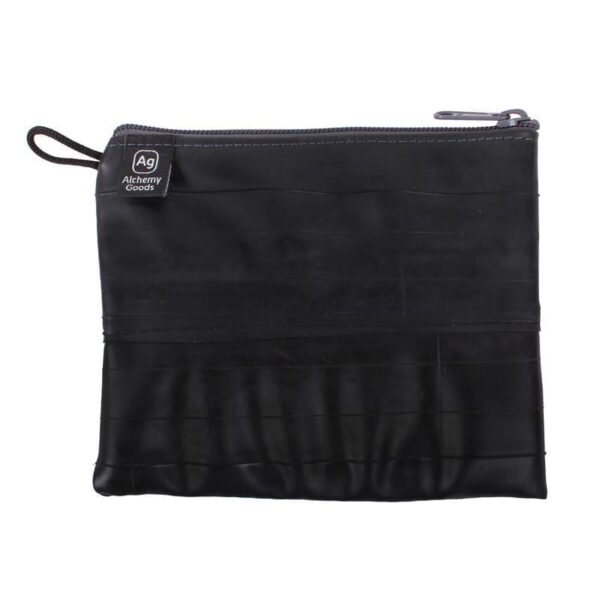 Large zipper pouch from Alchemy Goods is water resistant and made from upcycled inner tubes; shown in black with charcoal zipper.