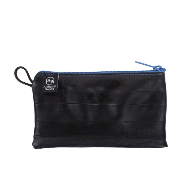 Medium zipper pouch from Alchemy Goods is water resistant and made from upcycled inner tubes; shown in black with blue zipper.