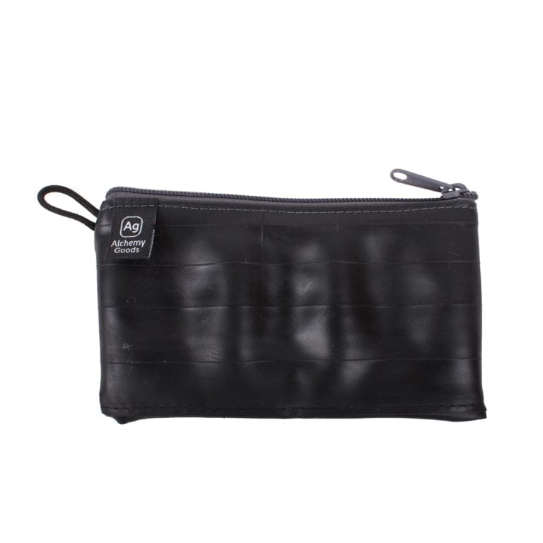 Medium zipper pouch from Alchemy Goods is water resistant and made from upcycled inner tubes; shown in black with charcoal zipper.
