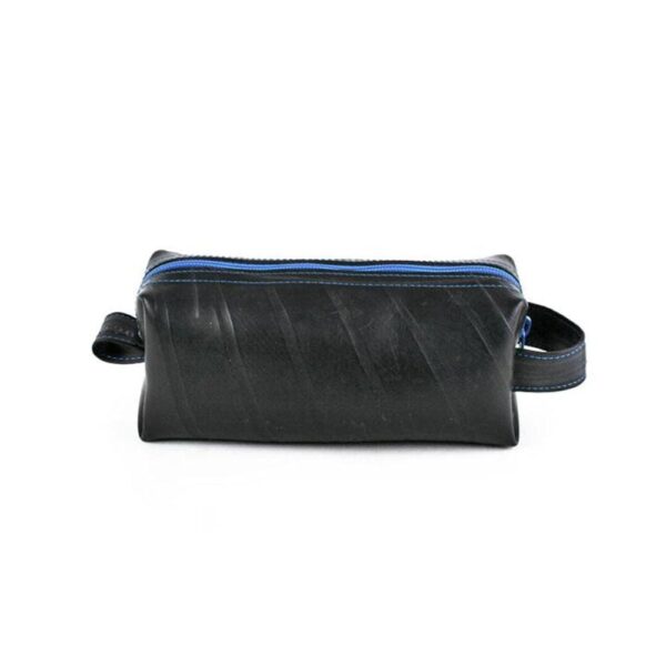 Small dopp kit by Alchemy Goods made of durable upcycled inner tubes; shown in black with blue zipper.