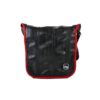 Small shoulder bag by Alchemy Goods made from upcycled bicycle inner tubes; shown in black with red accents.