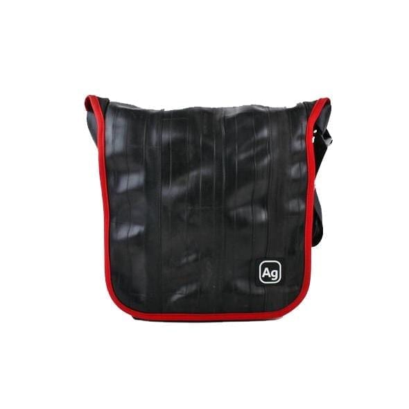 Small shoulder bag by Alchemy Goods made from upcycled bicycle inner tubes; shown in black with red accents.