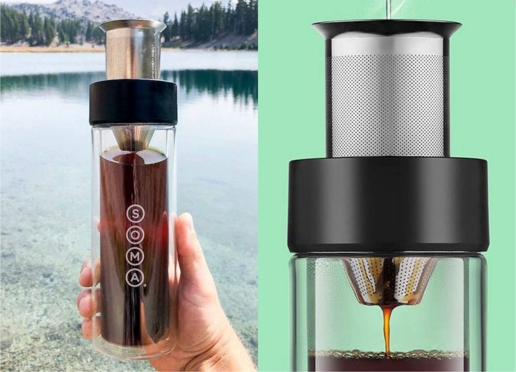 Eco friendly Soma brand double glass wall brew bottle is ready for your next adventure in the wilderness. A second photo shows dark roast coffee being brewed in the close-up.