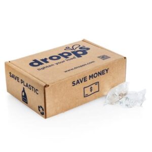 Dropps brand eco friendly mini unscented plant-based laundry pods next to Dropps labeled box.