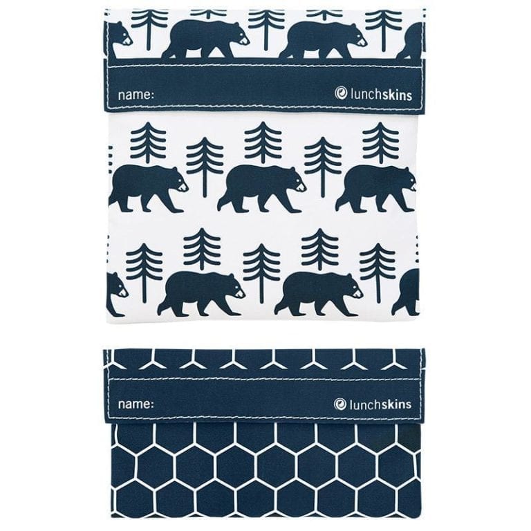 Lunchskins brand reusable food bags with velcro closure; one is sandwich sized, and the other is a smaller snack size