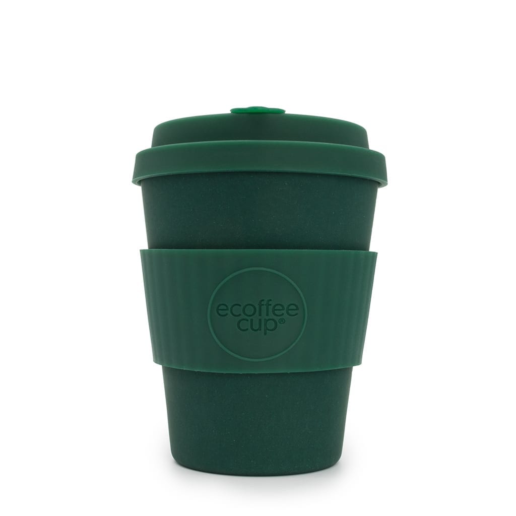 Eco friendly reusable E-Coffee Cup brand 12 ounce "Leave It Out Arthur" bamboo fibre plastic free coffee cup.  Pictured with matching lid and warmer sleeve.