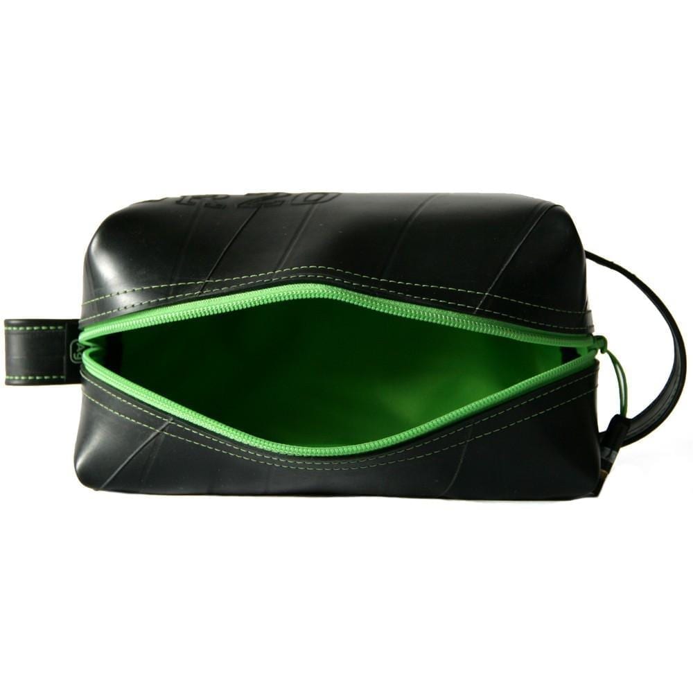 ALCHEMYGOODS-LARGEDOPPKIT-ELLIOTT-9 View of the large dopp kit from the top with unzipped zipper; shown in black with neon green zipper and liner.