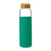 Environmentally friendly Soma brand glass water bottle with emerald green silicone sleeve and a bamboo twist off cap.