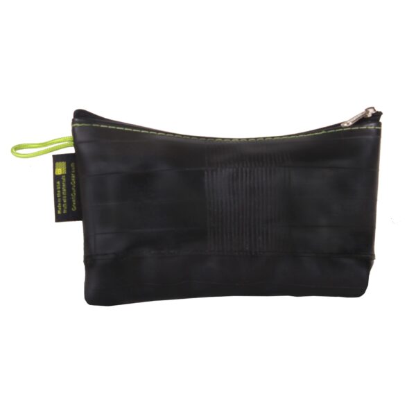 Backside view of upcycled inner tubes mid-size zipper pouch with small neon loop for clipping onto.  Pictured with logo on tag made by eco friendly Green Guru Gear brand.