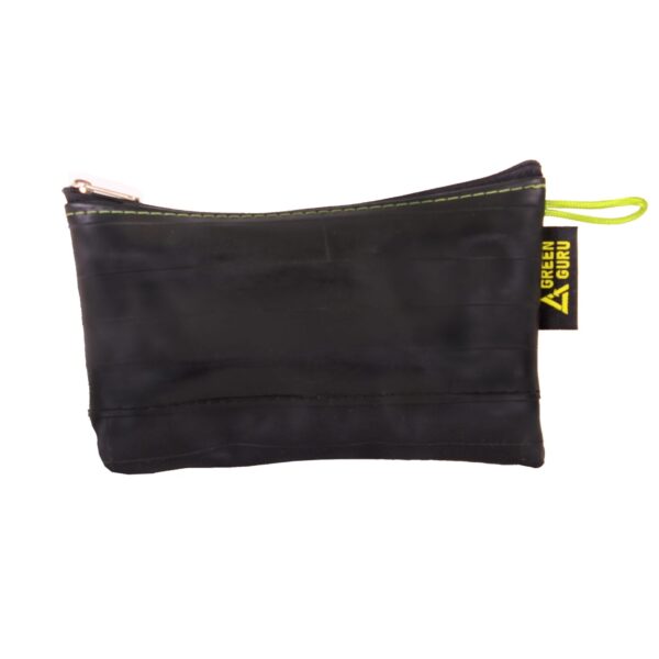 Front side view of upcycled inner tubes mid-size zipper pouch with small neon loop for clipping onto.  Pictured with logo on tag made by eco friendly Green Guru Gear brand.