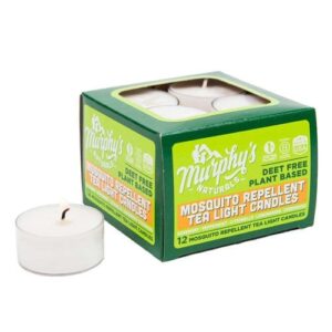 12 pack of Murphy's Naturals brand mosquito repellent tea light candles; DEET and petroleum free; infused with a high concentration of citroncella and other plant-based ingredients