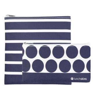Lunckskins brand reusable food bags with zippered closure in navy and white; one sandwich size and one snack size bag