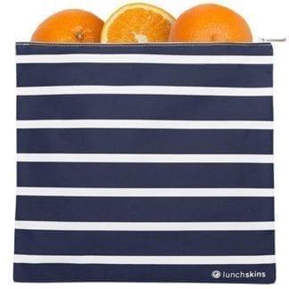Lunchskins brand reusable gallon size food bag with zippered closure shown in navy and white stripes