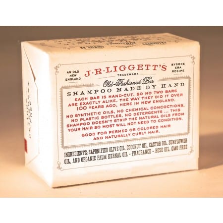J.R. Liggett's brand sustainable Old Fashioned Shampoo Bar, Original Formula, in sustainable paper wrapper displaying the description and natural ingredients.