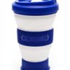 Pokito brand blue and white collapsible and reusable pocket sized cup fully extended to grande size.