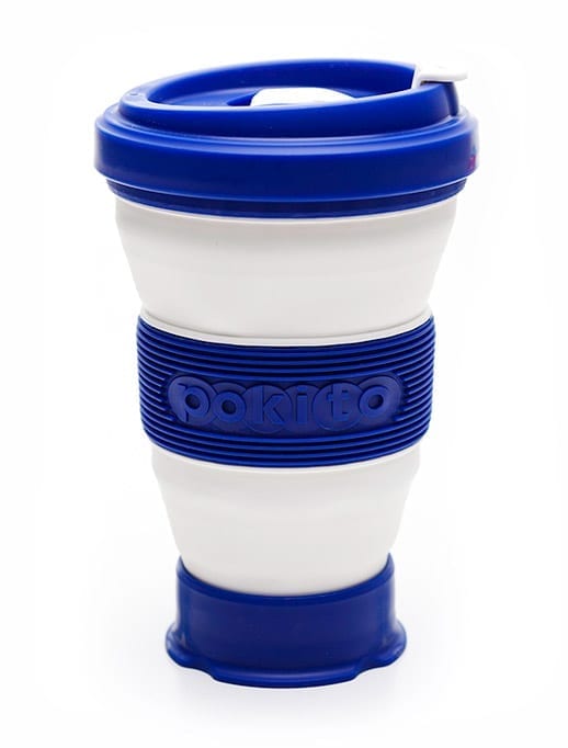 Pokito brand blue and white collapsible and reusable pocket sized cup fully extended to grande size.