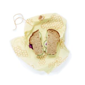 Beeswrap brand sandwich wrap with honeycomb print; made from organic cotton and sustainably sourced beeswax