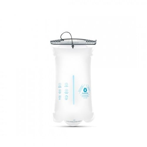 Back side product display of environmentally friendly reusable Hydrapak brand durable shape shift 2 liter clear hydration reservoir.