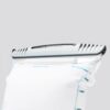 Display of grey closure clasp on top of ecofriendly Hydrapak brand Shape Shift 2 liter hydration reservoir with grey cord to hang it or clip onto.