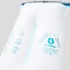 Close up display of backside on reusable Hydrapak brand shape shift 2 liter hydration reservoir with list of product features printed on.