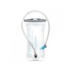 Front side product display of environmentally friendly reusable Hydrapak brand durable shape shift 2 liter clear hydration reservoir with clear hose and drinking nozzle in grey and blue.
