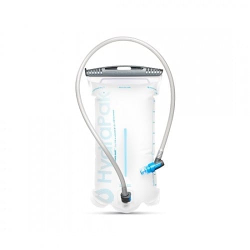 Front side product display of environmentally friendly reusable Hydrapak brand durable shape shift 2 liter clear hydration reservoir with clear hose and drinking nozzle in grey and blue.