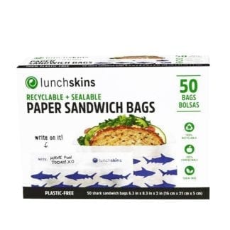 50 count of compostable and recyclable paper sandwich bags with shark print made by Lunchskins