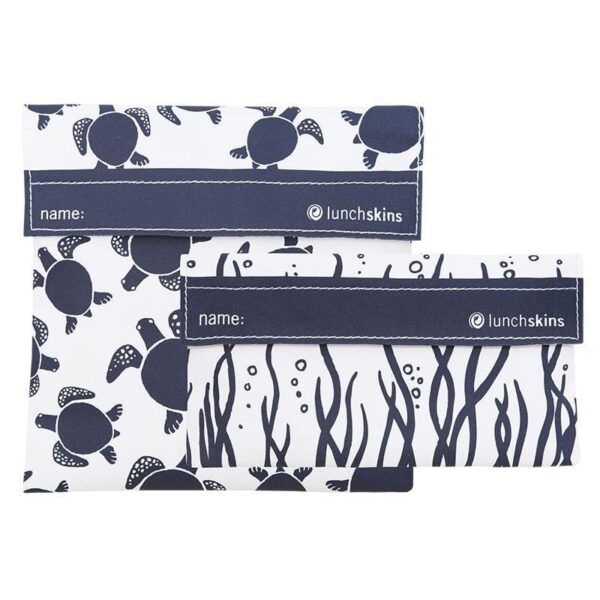Two Lunchskins brand reusable food bags with velcro closure; uses sea turtle and seaweed patterned fabrics