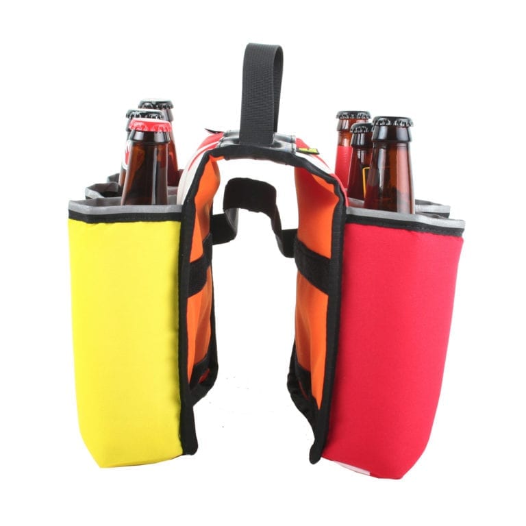 Front display of eco friendly Green Guru Gear brand Sixer 6-pack Top Tube Holder, loaded up with bottle brews, made from upcycled bicycle inner tubes, repurposed nylon fabric, and 18oz vinyl waterproof tarp.