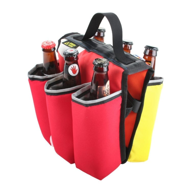 Overhead side angle view of eco friendly Green Guru Gear brand Sixer 6-pack Top Tube Holder, loaded up with bottle brews, made from upcycled bicycle inner tubes, repurposed nylon fabric, and 18oz vinyl waterproof tarp.