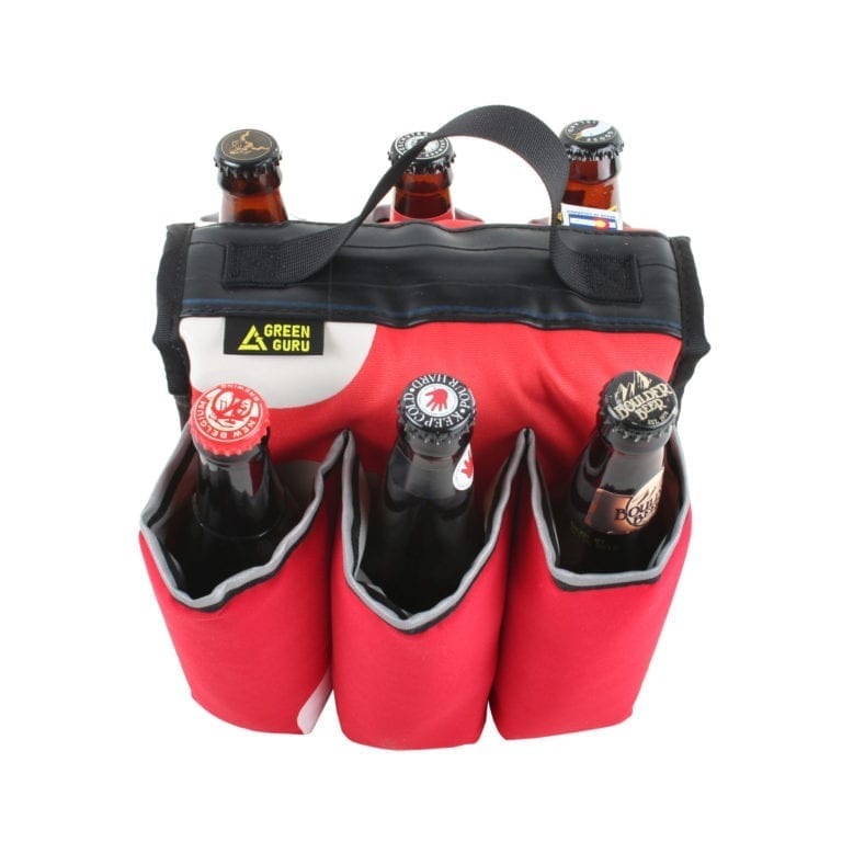 Overhead view of eco friendly Green Guru Gear brand Sixer 6-pack Top Tube Holder, loaded up with bottle brews, made from upcycled bicycle inner tubes, repurposed nylon fabric, and 18oz vinyl waterproof tarp. Pictured is a red, black, and white color pattern with black handle.