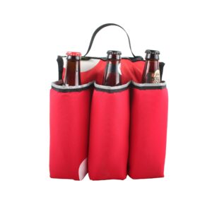 Eco friendly Green Guru Gear brand Sixer 6-pack Top Tube Holder, loaded up with bottle brews, made from upcycled bicycle inner tubes, repurposed nylon fabric, and 18oz vinyl waterproof tarp.   Pictured is a red, black, and white color pattern with black handle.