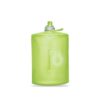 Product display of BPA free Hydrapak brand slim easy-hold collapsible green 1 liter stow hydration bottle in vertical display.