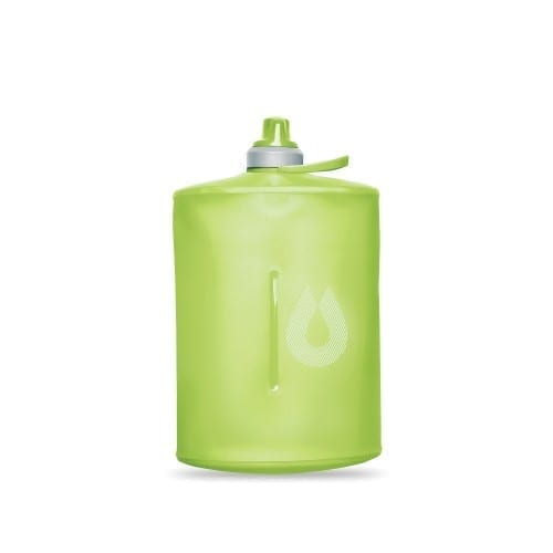 Product display of BPA free Hydrapak brand slim easy-hold collapsible green 1 liter stow hydration bottle in vertical display.