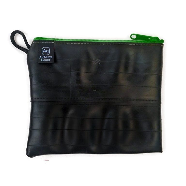 Large zipper pouch from Alchemy Goods is water resistant and made from upcycled inner tubes; shown in black with lime green zipper.