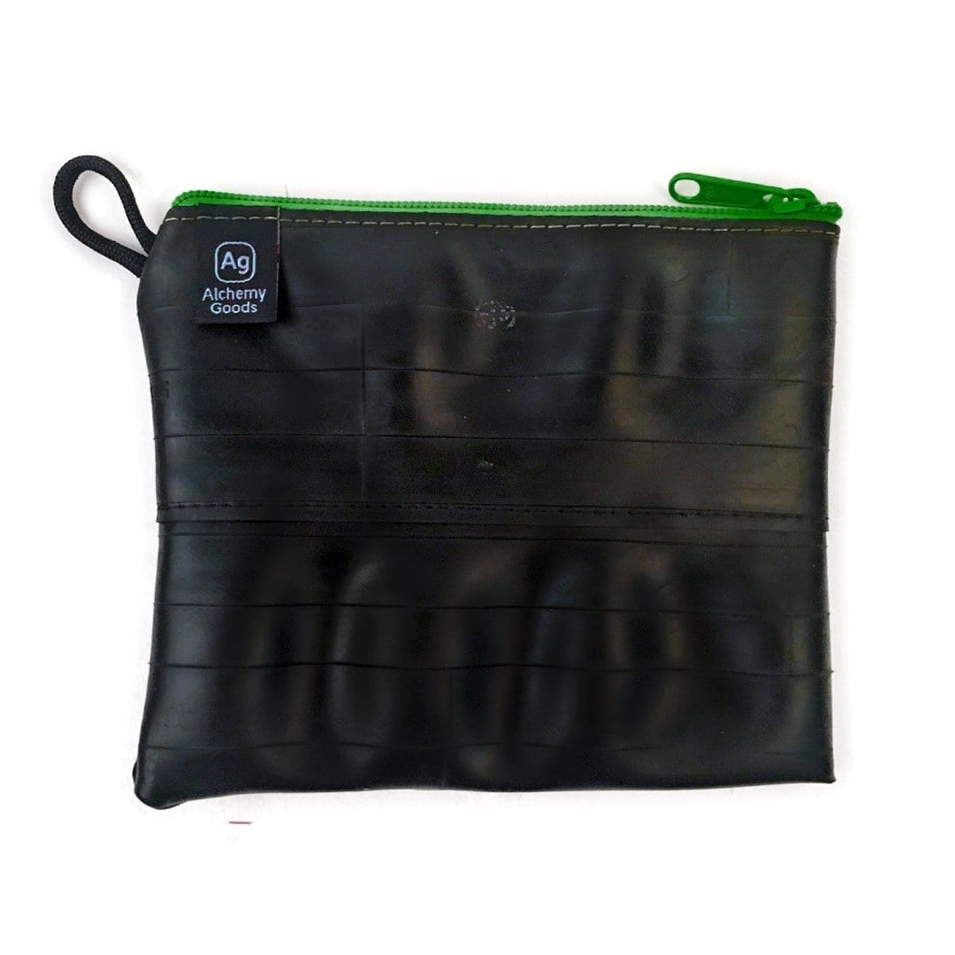 ALCHEMYGOODS-ZIPPERPOUCH-LARGE-3 Large zipper pouch from Alchemy Goods is water resistant and made from upcycled inner tubes; shown in black with lime green zipper.