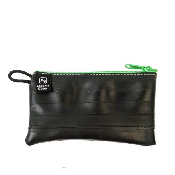Medium zipper pouch from Alchemy Goods is water resistant and made from upcycled inner tubes; shown in black with lime green zipper.