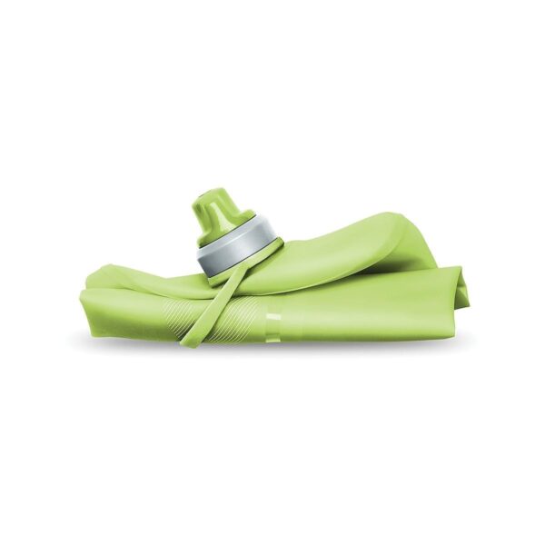 Environmentally friendly BPA free Hydrapak brand slim easy-hold collapsible green 1 liter stow hydration bottle in collapsed form.